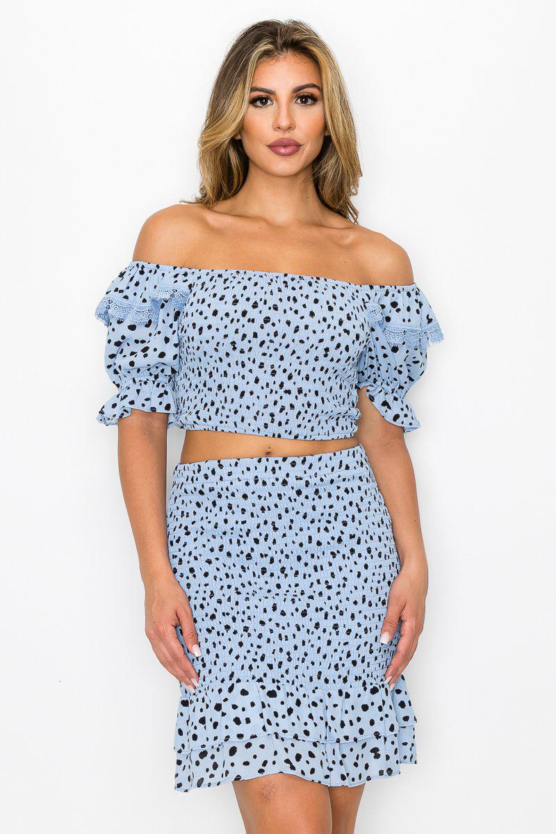 Smocking Ruffled Printed Top & Skirts Set Blue Zone Planet