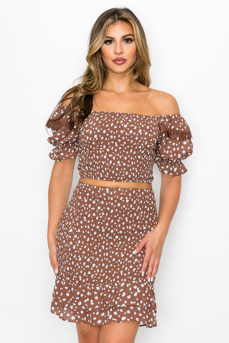 Smocking Ruffled Printed Top & Skirts Set Blue Zone Planet
