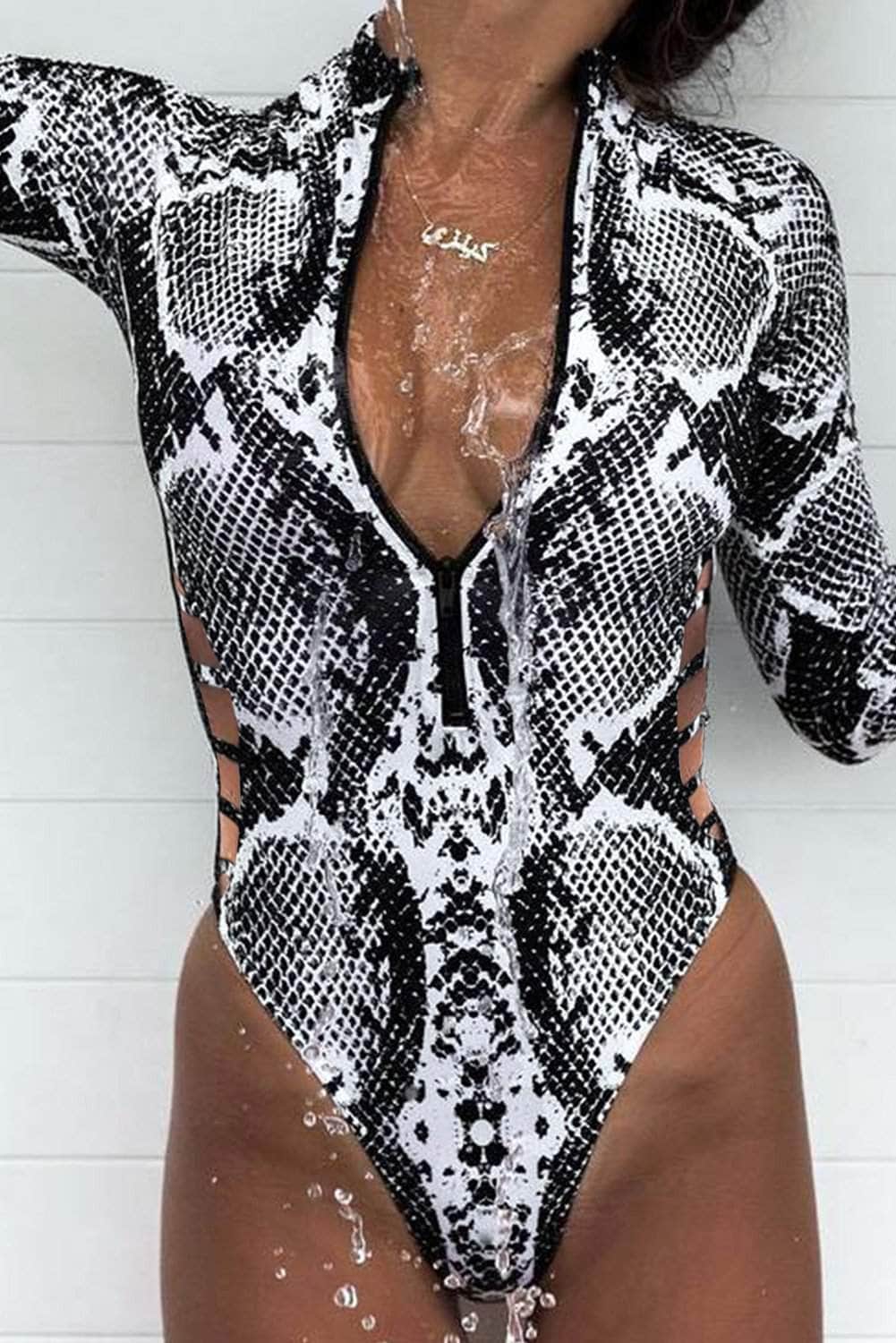 Snake Print Zipper Cut-Out Wetsuit BLUE ZONE PLANET