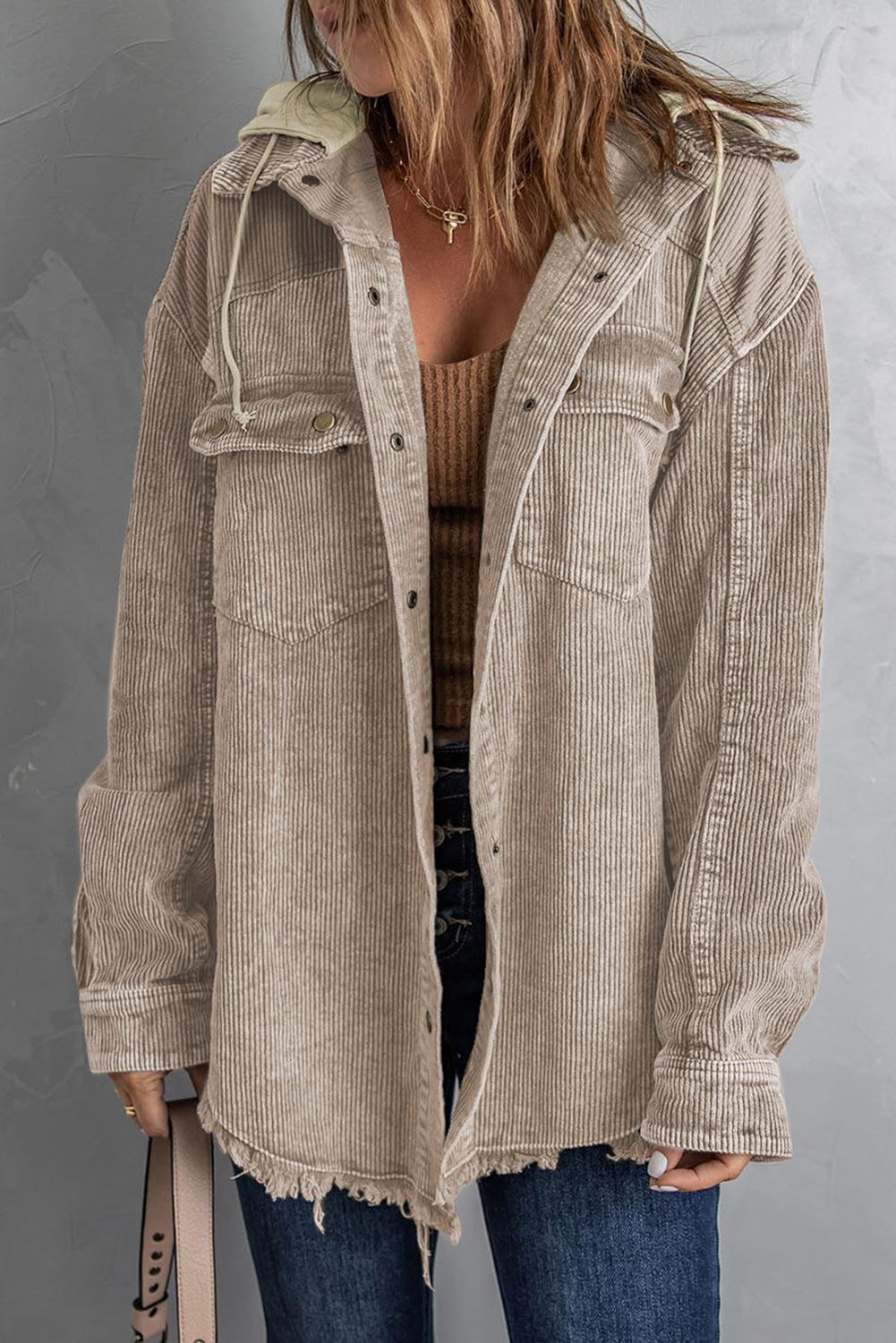 Snap Front Hooded Corduroy Shacket BLUE ZONE PLANET