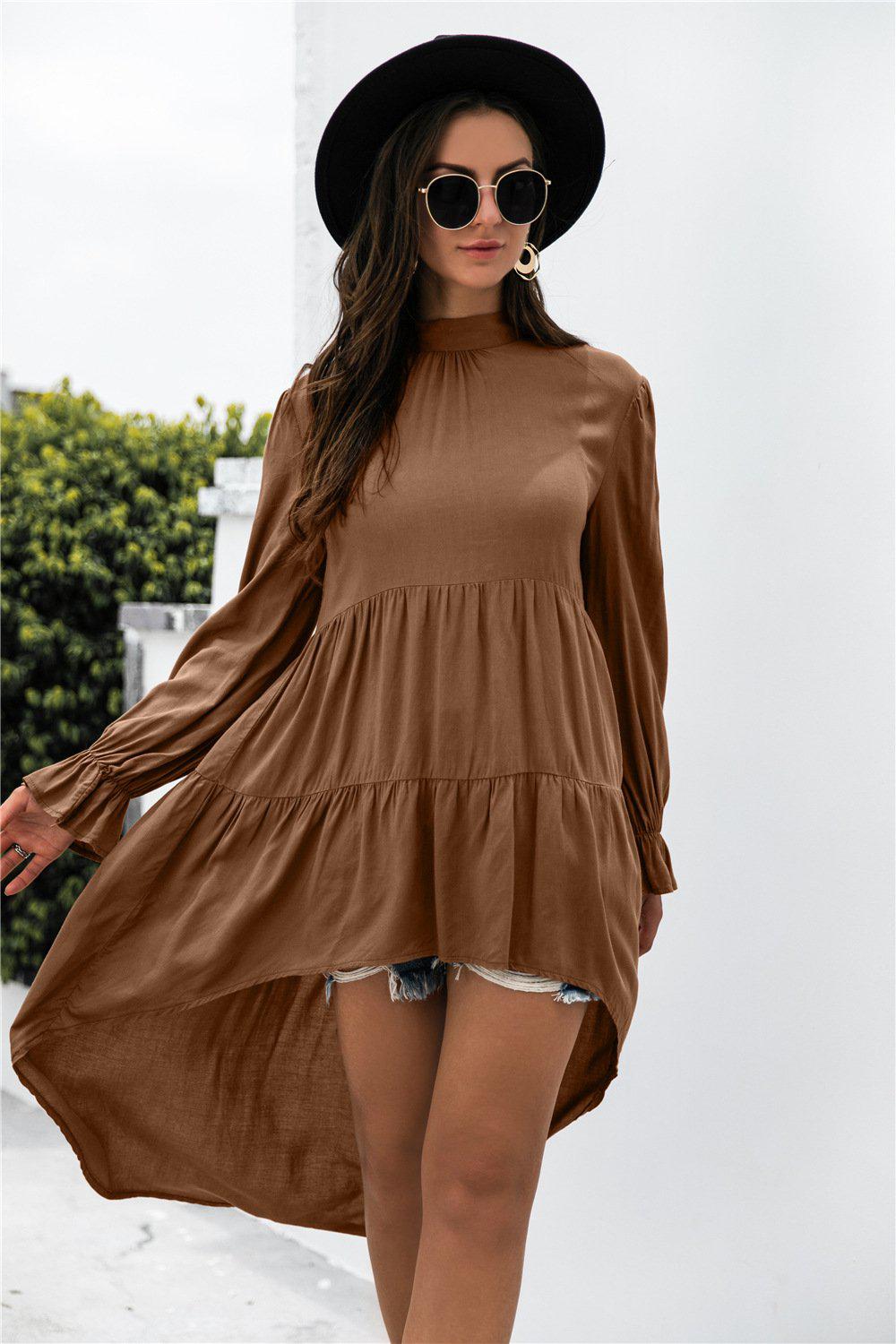 Solid Asymmetrical Patch Pleated Dress BLUE ZONE PLANET