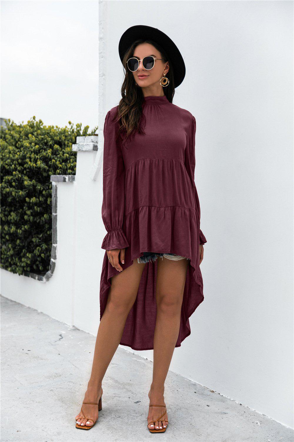 Solid Asymmetrical Patch Pleated Dress BLUE ZONE PLANET