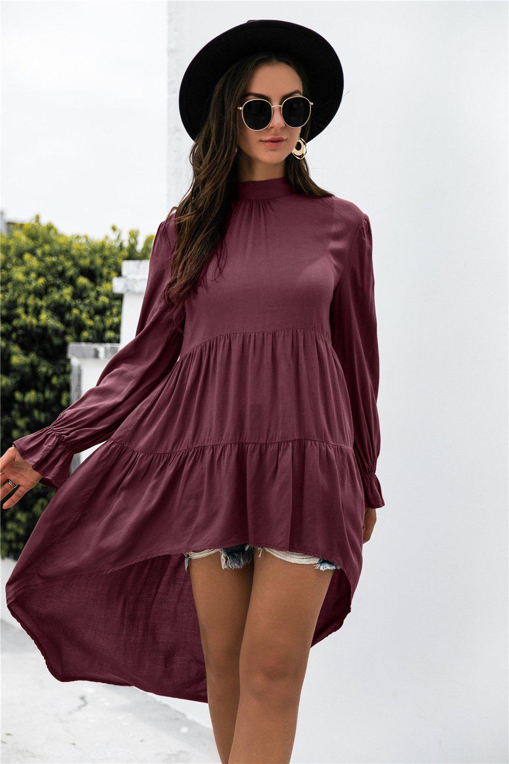 Solid Asymmetrical Patch Pleated Dress BLUE ZONE PLANET