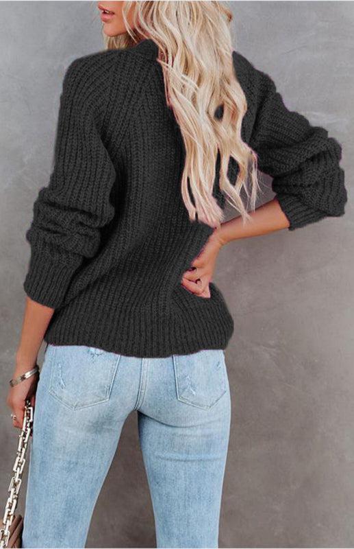 Solid V-Neck Single Breasted Long Sleeved Sweater BLUE ZONE PLANET