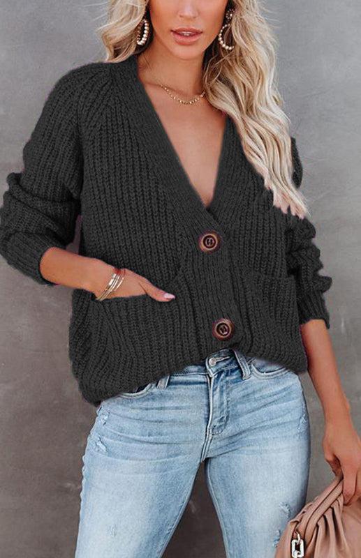 Solid V-Neck Single Breasted Long Sleeved Sweater BLUE ZONE PLANET