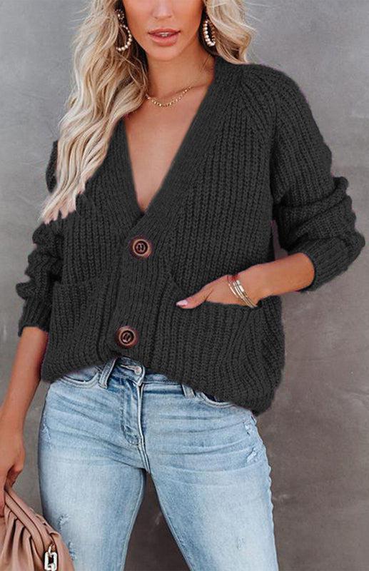Solid V-Neck Single Breasted Long Sleeved Sweater BLUE ZONE PLANET