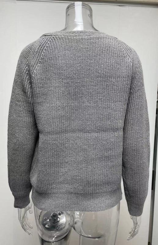 Solid V-Neck Single Breasted Long Sleeved Sweater BLUE ZONE PLANET
