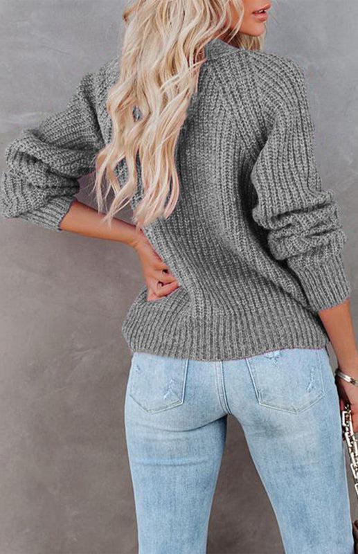 Solid V-Neck Single Breasted Long Sleeved Sweater BLUE ZONE PLANET