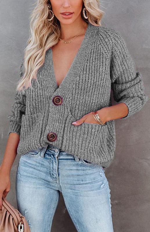 Solid V-Neck Single Breasted Long Sleeved Sweater BLUE ZONE PLANET