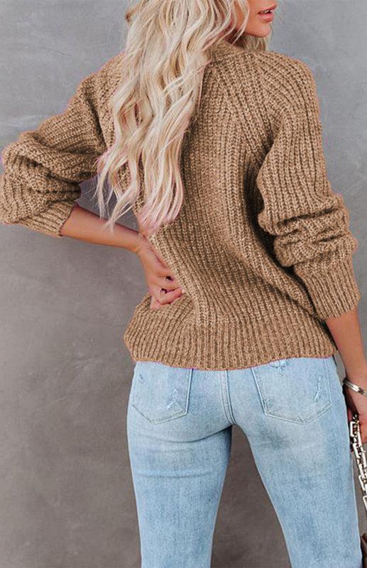 Solid V-Neck Single Breasted Long Sleeved Sweater BLUE ZONE PLANET