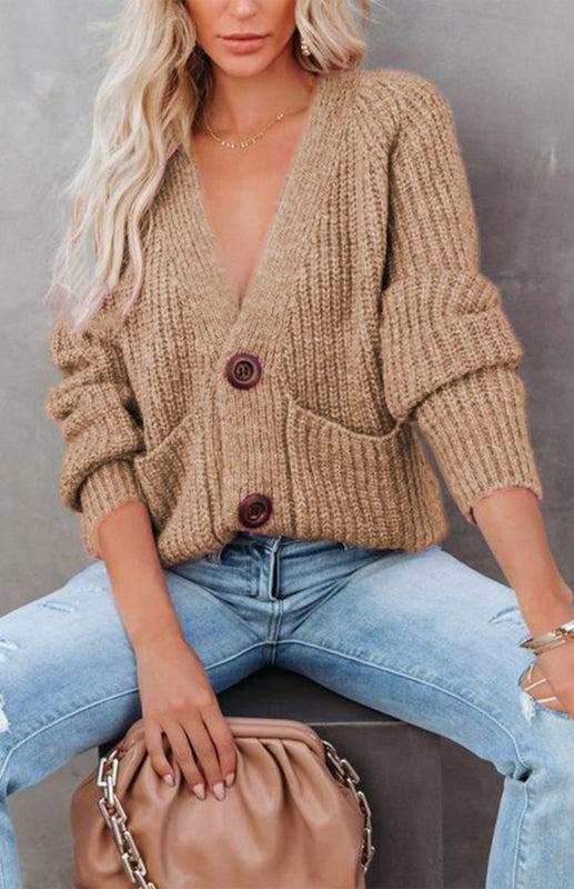 Solid V-Neck Single Breasted Long Sleeved Sweater BLUE ZONE PLANET