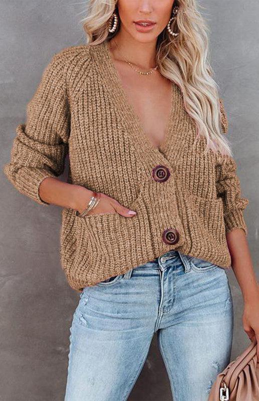 Solid V-Neck Single Breasted Long Sleeved Sweater BLUE ZONE PLANET