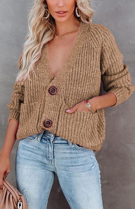 Solid V-Neck Single Breasted Long Sleeved Sweater BLUE ZONE PLANET