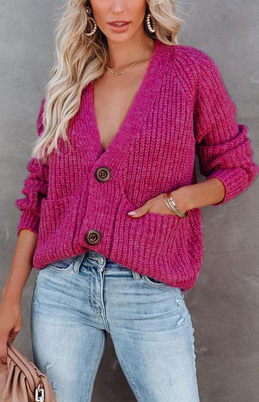 Solid V-Neck Single Breasted Long Sleeved Sweater BLUE ZONE PLANET