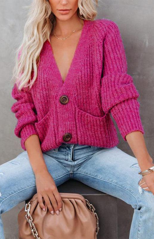 Solid V-Neck Single Breasted Long Sleeved Sweater BLUE ZONE PLANET