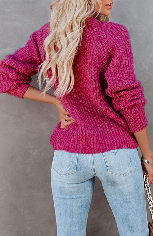 Solid V-Neck Single Breasted Long Sleeved Sweater BLUE ZONE PLANET