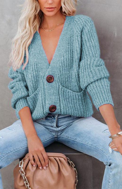 Solid V-Neck Single Breasted Long Sleeved Sweater BLUE ZONE PLANET