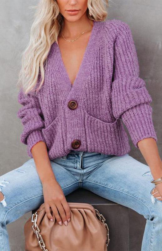 Solid V-Neck Single Breasted Long Sleeved Sweater BLUE ZONE PLANET