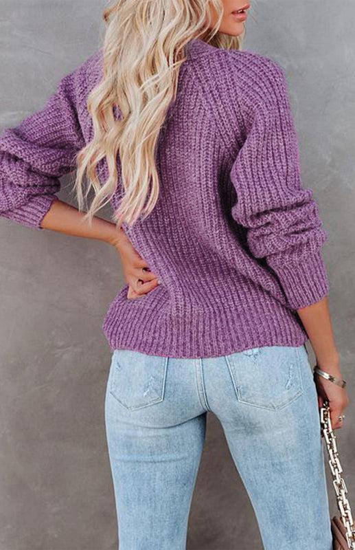 Solid V-Neck Single Breasted Long Sleeved Sweater BLUE ZONE PLANET