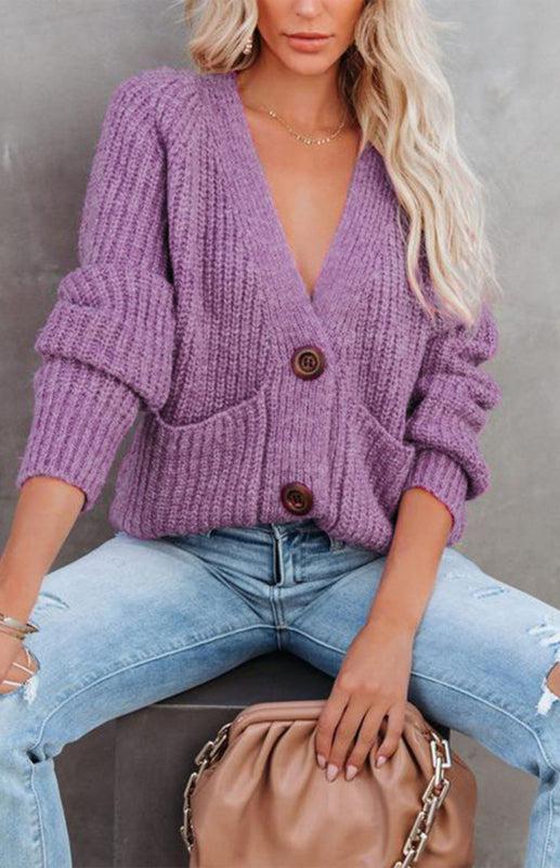 Solid V-Neck Single Breasted Long Sleeved Sweater BLUE ZONE PLANET