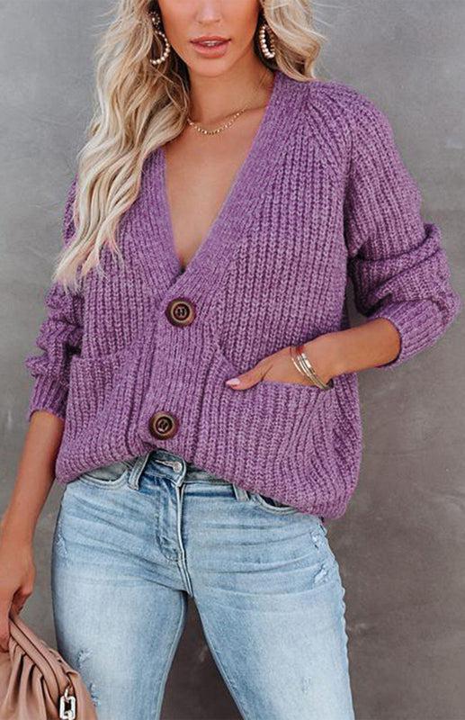 Solid V-Neck Single Breasted Long Sleeved Sweater BLUE ZONE PLANET