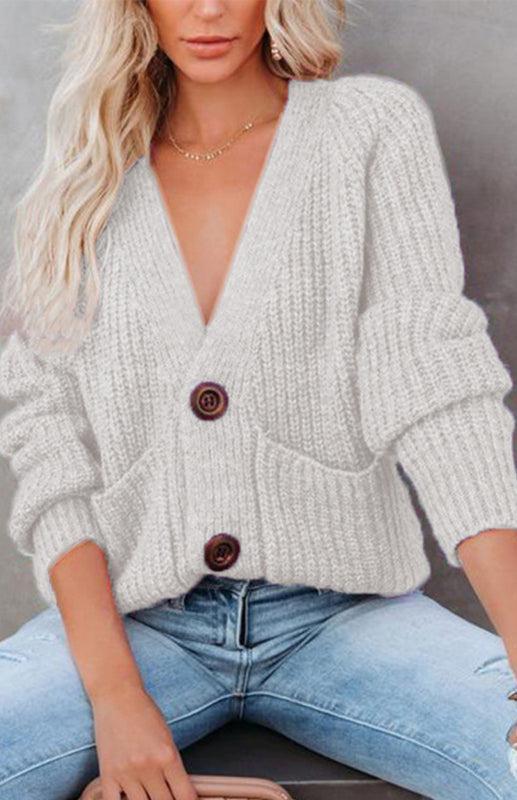 Solid V-Neck Single Breasted Long Sleeved Sweater BLUE ZONE PLANET