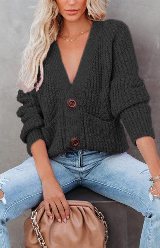 Solid V-Neck Single Breasted Long Sleeved Sweater BLUE ZONE PLANET