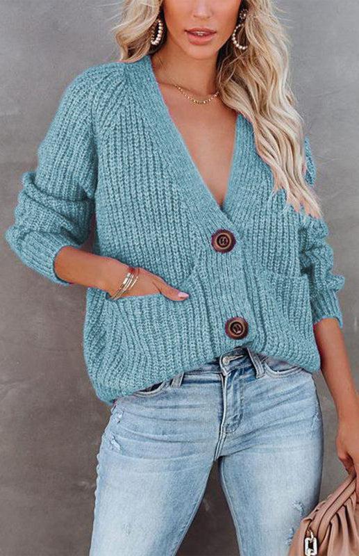 Solid V-Neck Single Breasted Long Sleeved Sweater BLUE ZONE PLANET