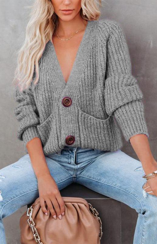 Solid V-Neck Single Breasted Long Sleeved Sweater BLUE ZONE PLANET