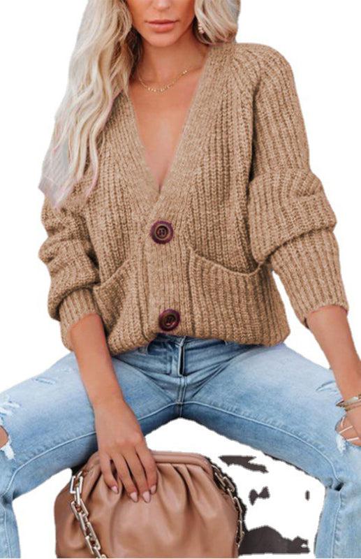 Solid V-Neck Single Breasted Long Sleeved Sweater BLUE ZONE PLANET