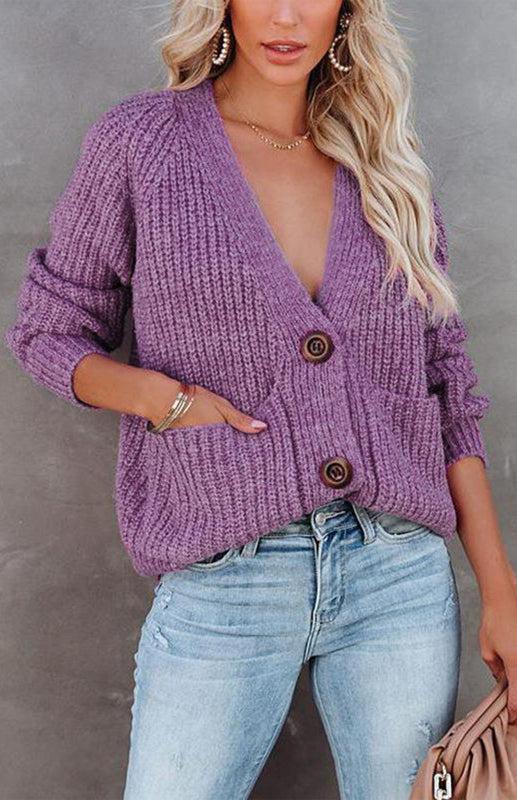 Solid V-Neck Single Breasted Long Sleeved Sweater BLUE ZONE PLANET
