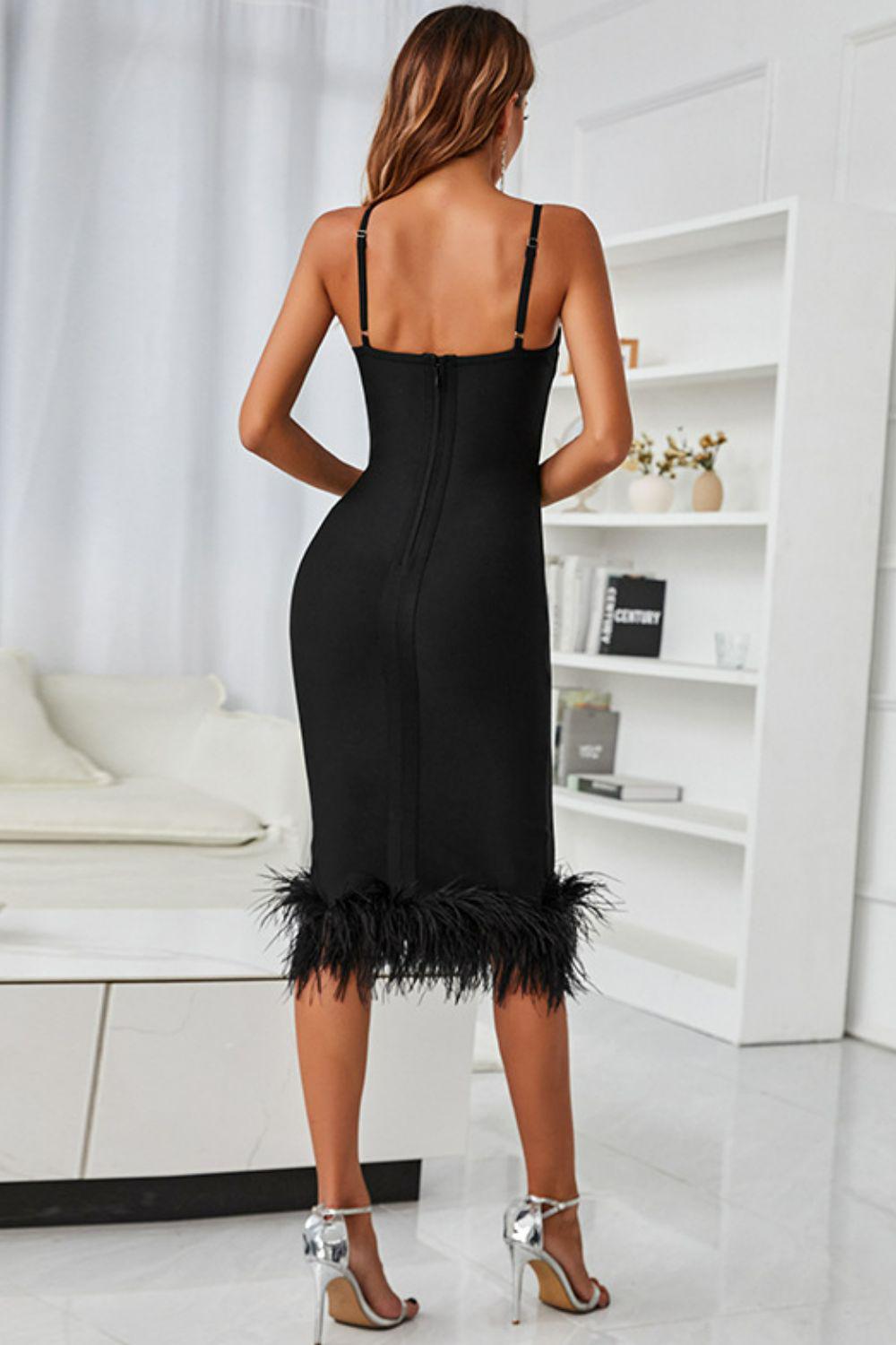 Spaghetti Strap Feather Trim Bodycon Dress BLUE ZONE PLANET