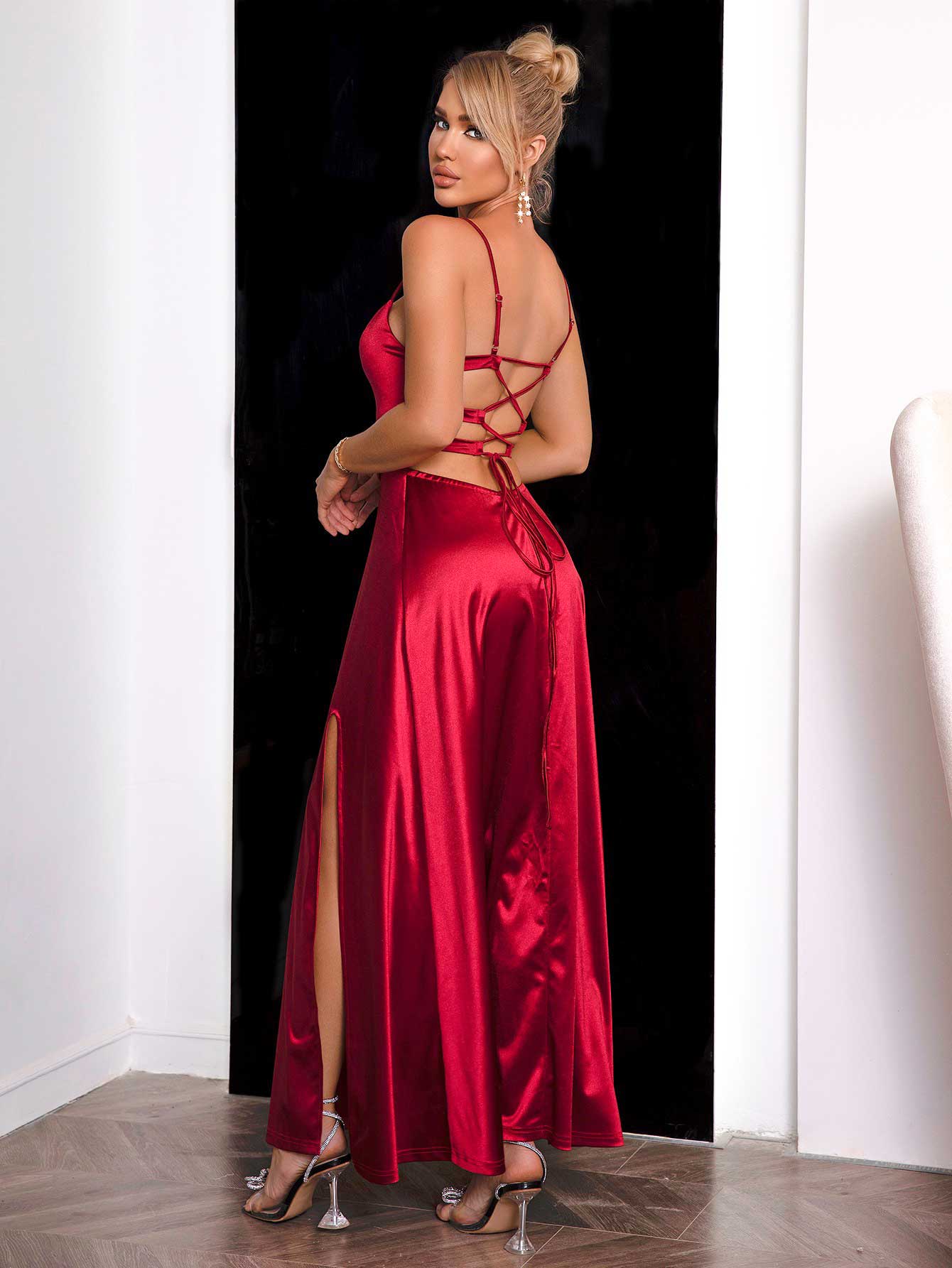 Spaghetti Strap Lace-Up Back Split Maxi Dress BLUE ZONE PLANET