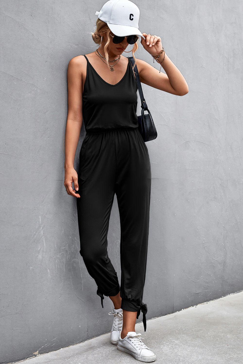 Spaghetti Strap Tie Cuff Jumpsuit BLUE ZONE PLANET
