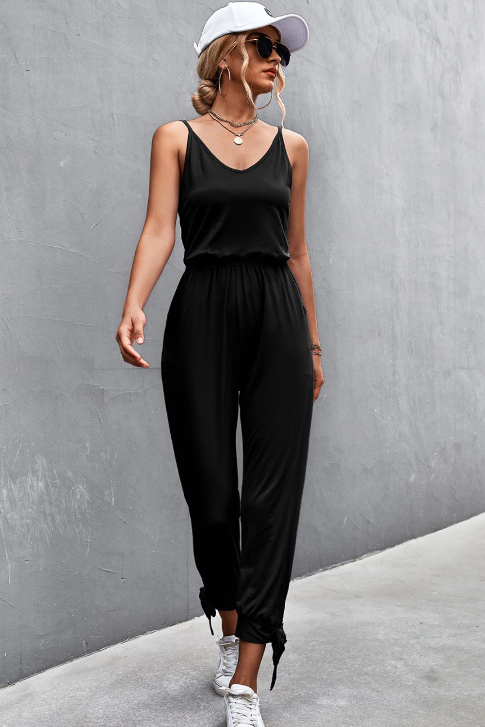 Spaghetti Strap Tie Cuff Jumpsuit BLUE ZONE PLANET