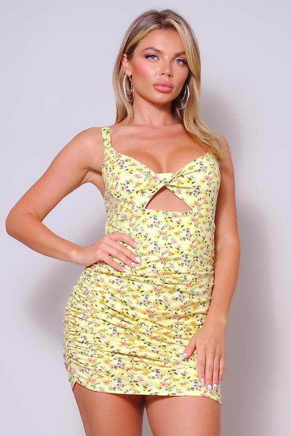 Spaghetti Strap Twist Front Cutout Floral Ruched Mini Dress Blue Zone Planet