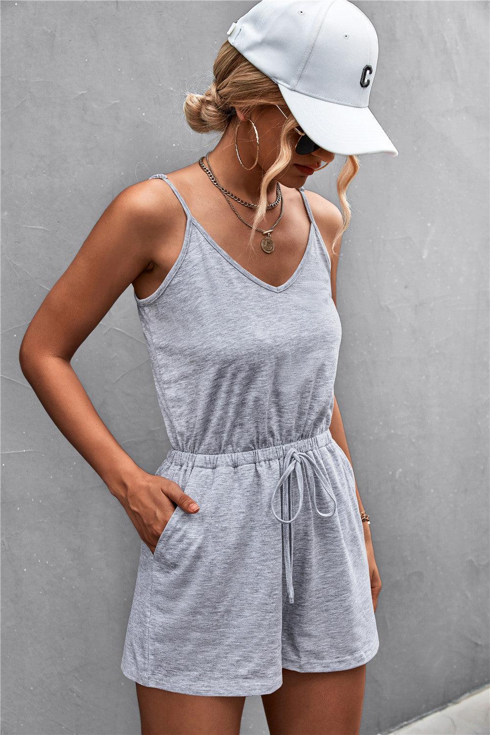 Spaghetti Strap V-Neck Pocket Romper BLUE ZONE PLANET