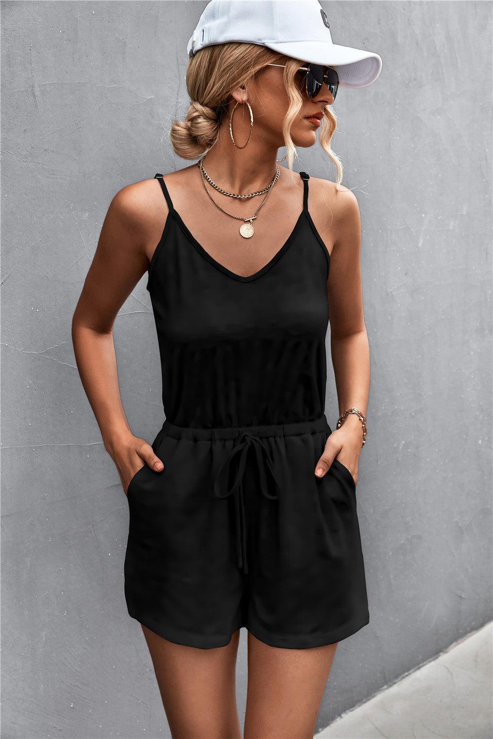 Spaghetti Strap V-Neck Pocket Romper BLUE ZONE PLANET