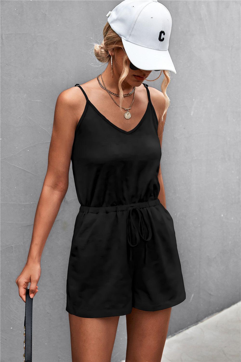 Spaghetti Strap V-Neck Pocket Romper BLUE ZONE PLANET