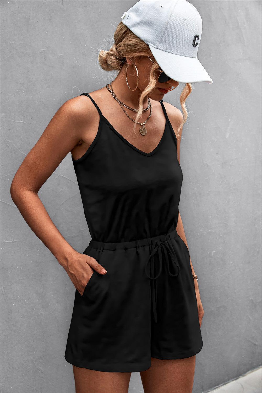 Spaghetti Strap V-Neck Pocket Romper BLUE ZONE PLANET