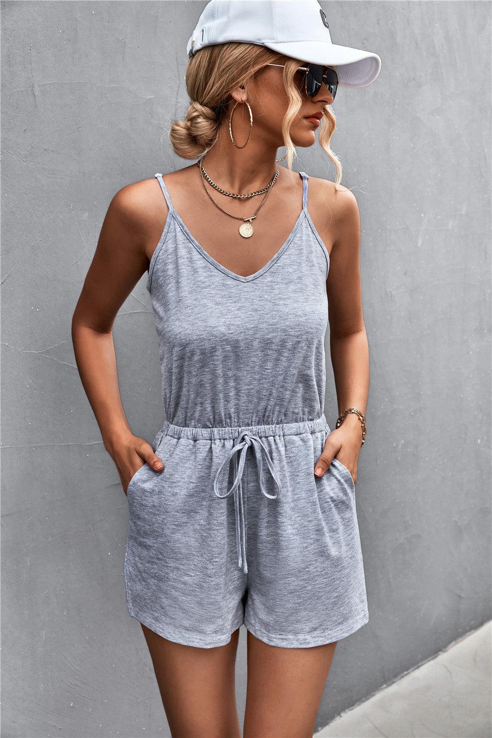 Spaghetti Strap V-Neck Pocket Romper BLUE ZONE PLANET