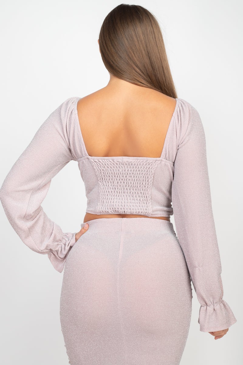 Sparkling Long Sleeves Ruching Back & Skirts Set Blue Zone Planet