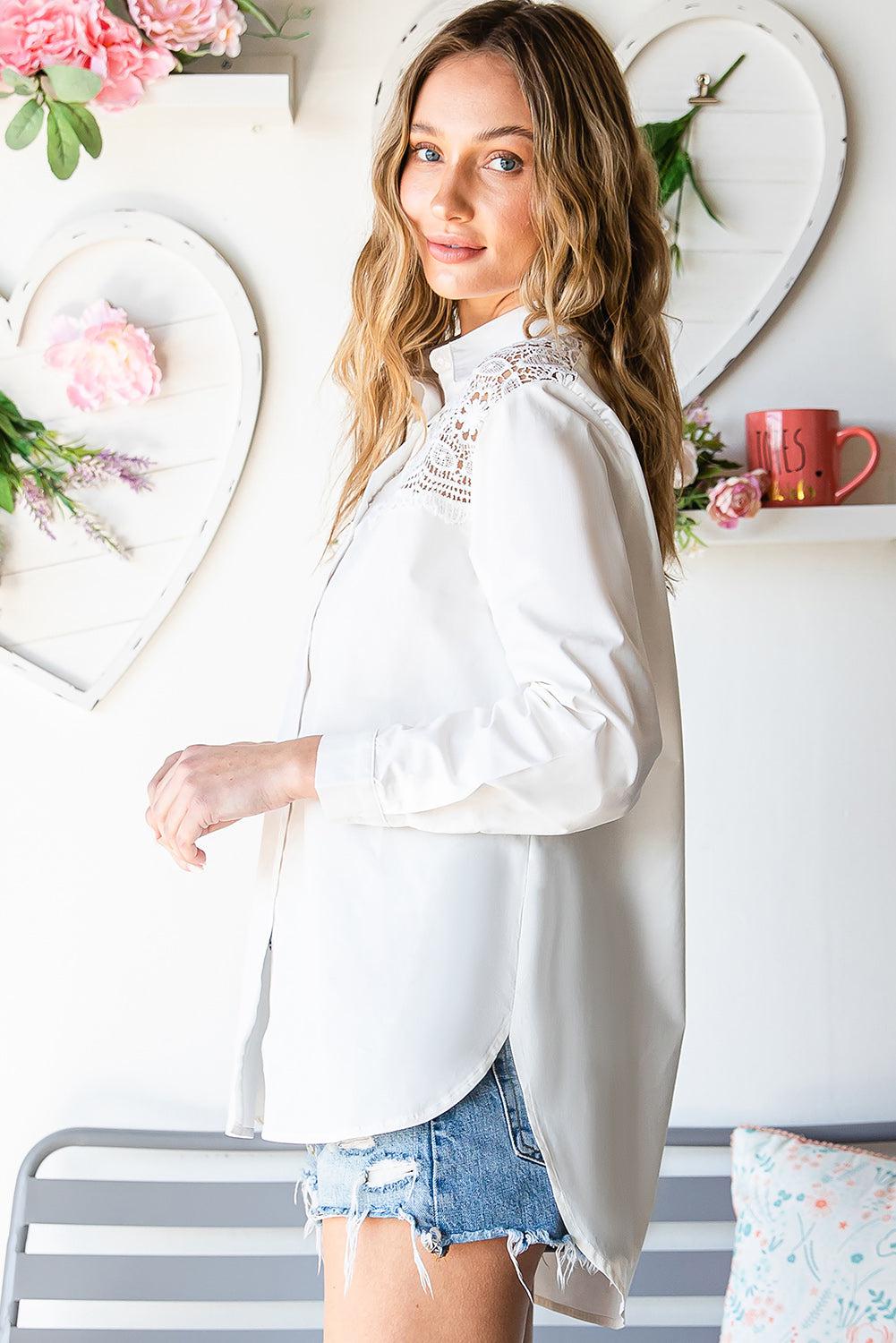 Spliced Lace High-Low Shirt BLUE ZONE PLANET