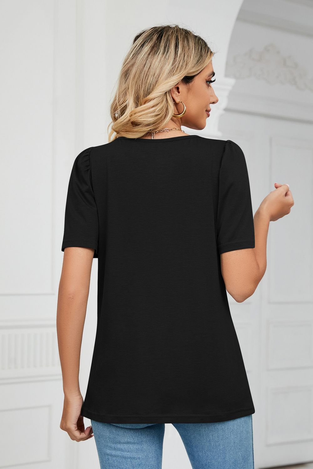 Square Neck Puff Sleeve Tee Shirt BLUE ZONE PLANET