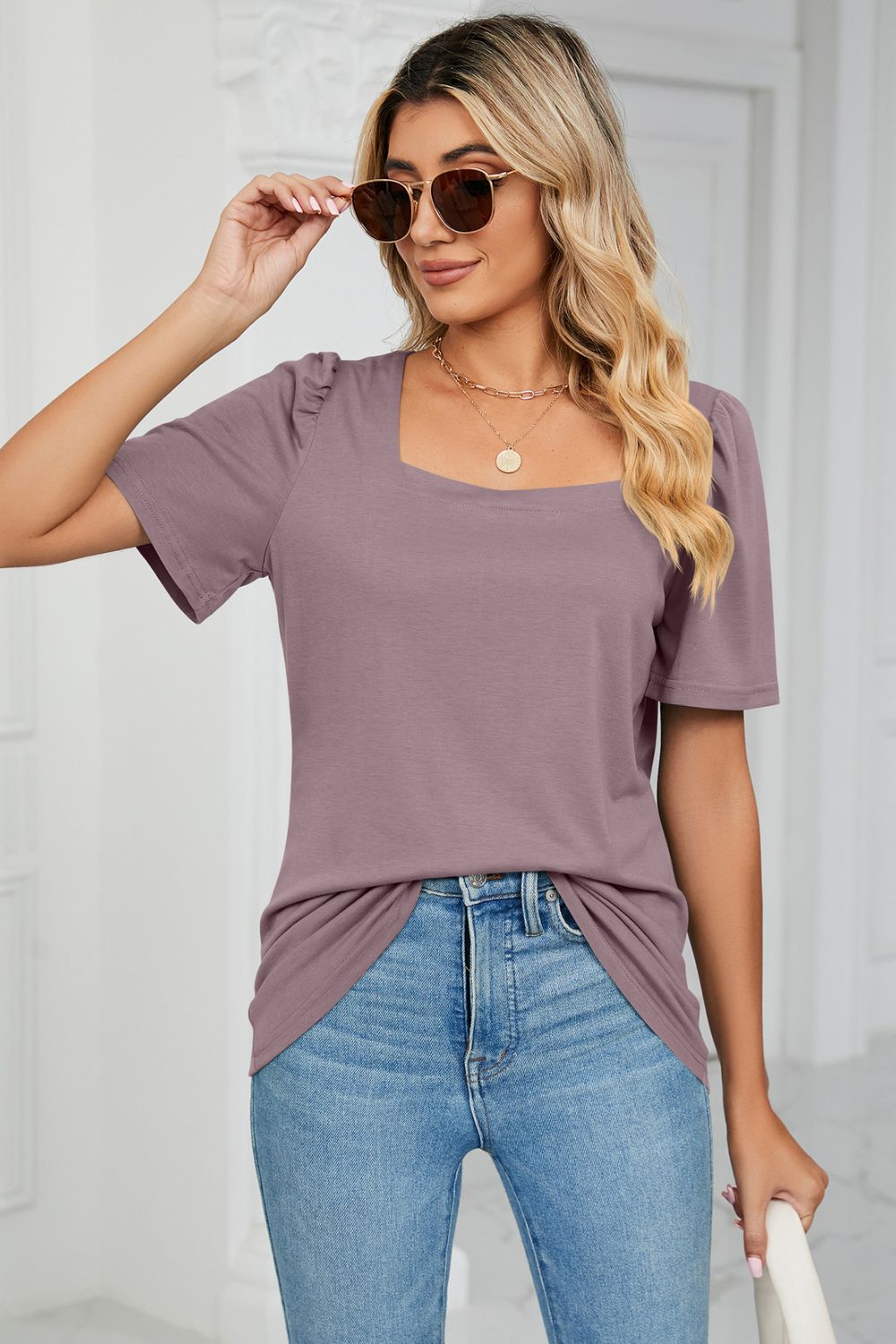 Square Neck Puff Sleeve Tee Shirt BLUE ZONE PLANET