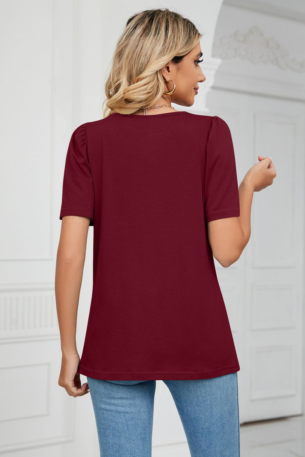 Square Neck Puff Sleeve Tee Shirt BLUE ZONE PLANET