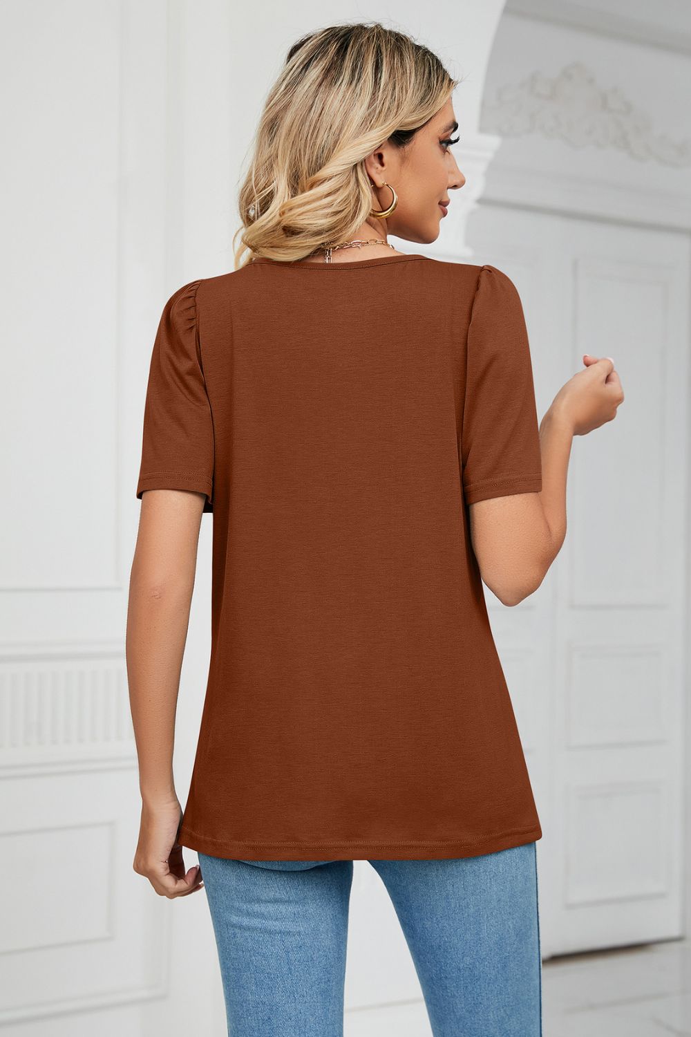 Square Neck Puff Sleeve Tee Shirt BLUE ZONE PLANET