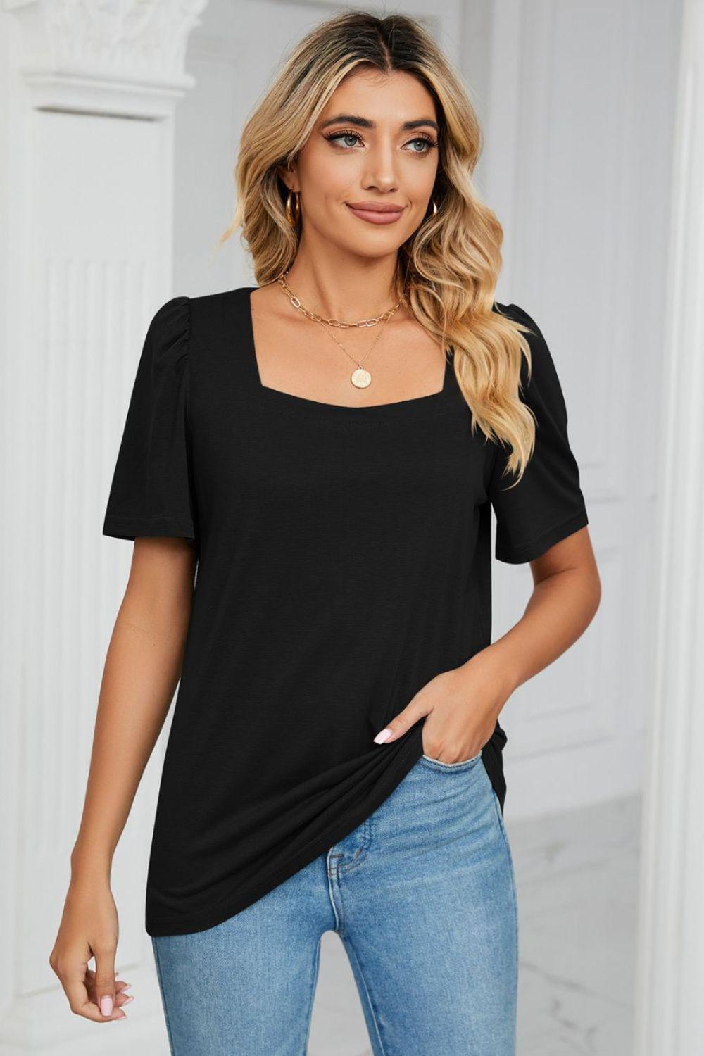Square Neck Puff Sleeve Tee Shirt BLUE ZONE PLANET
