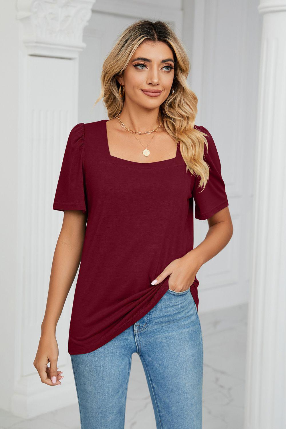 Square Neck Puff Sleeve Tee Shirt BLUE ZONE PLANET