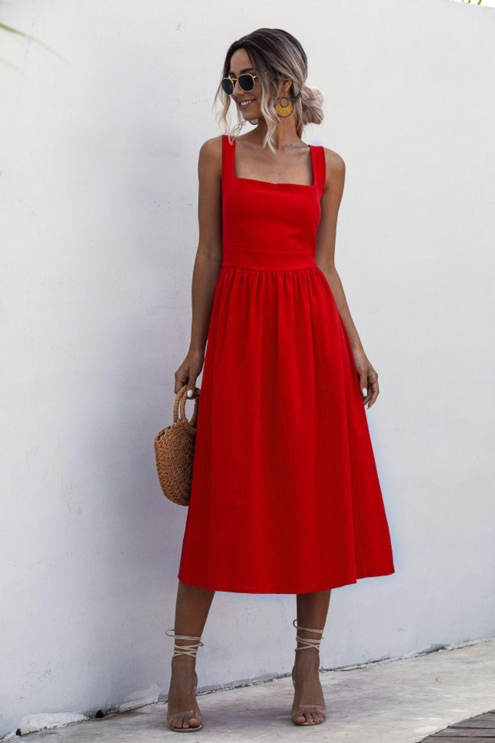 Square Neck Sleeveless Smocked Midi Dress BLUE ZONE PLANET